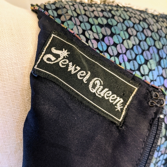 Vintage Silk Sequinned Blue Iridescent Cocktail Dress - Picture 9 of 11